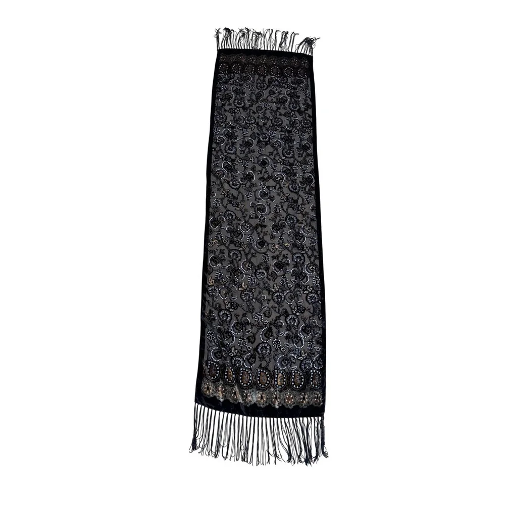 Vtg Velvet Burnout Scarf silky Black Brown Floral Paisley Fringe Witchy Romantic